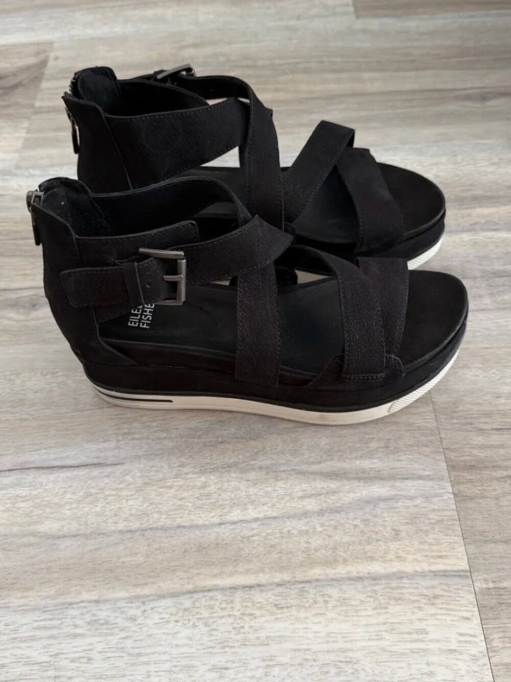 Eileen fisher black suede boost washed platform sandals size 7.5